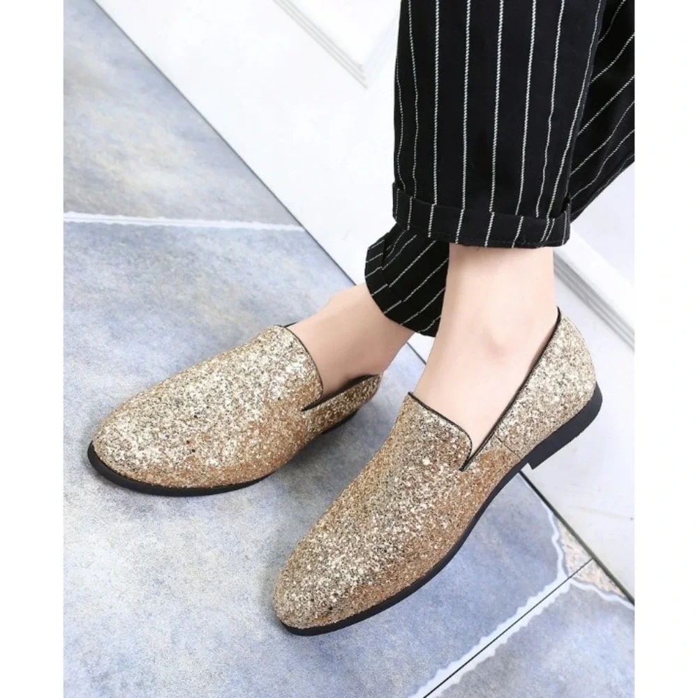 Santimon Men's US‎ 12 Gold Glitter Slip-On Loafers Sequin Dress Shoes